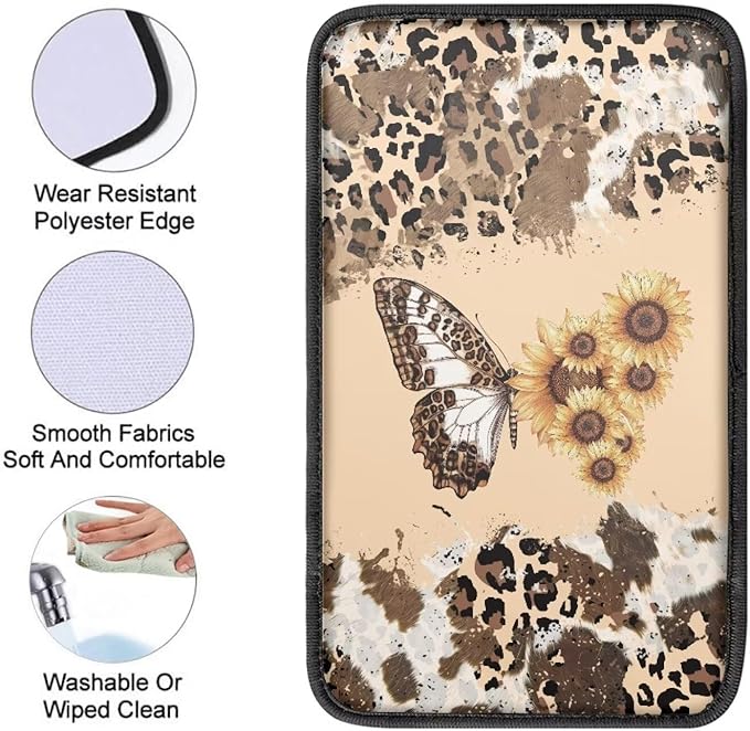 Suobstales Butterfly Sunflower Leopard Cow Print Car Armrest Pad Soft Center Console Arm Rest Protector Cover Universal Car Interior Accessories Decoration