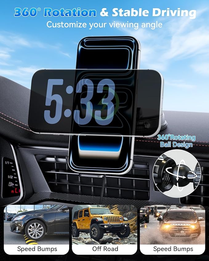 CloudValley 25W Wireless Car Charger Mount with RGB Light, Magnetic Car Phone Holder with Cooling Fan & 45W Adapter, 360° Rotating Vacuum Suction Mount, Only Design for MagSafe iPhone 17/16/15/14/13