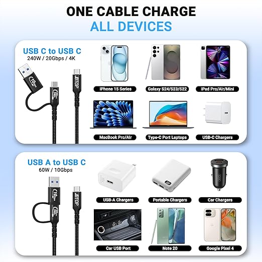 Long USB a to c Cable 20Gbps[10ft 2Pack],2-in-1 USB 3.1 CarPlay Cable Fast Charge & Data Transfer, Compatible with iPhone 16 15 Pro Max, Samsung, SSD