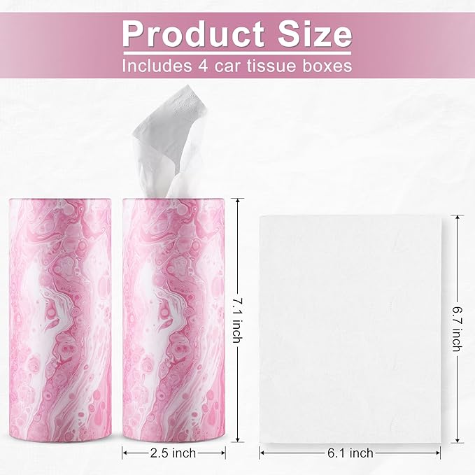 SINGARO Car Tissue Holder, 4 Pack Car Cup Holder Facial Tissues with Travel Tissue Bag, Quick and Convenient Flower Combination Car Tissue Box(4 Canisters/200 Tissues) Pink