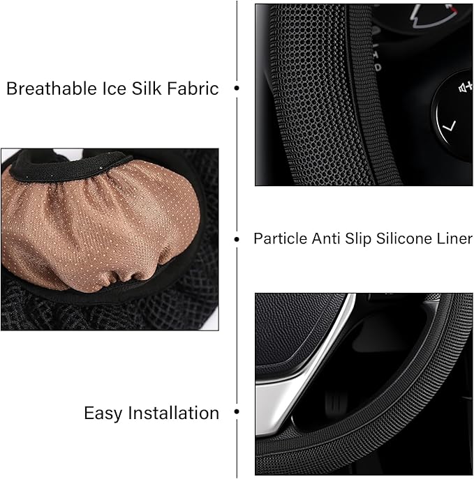 Black Mesh Steering Wheel Cover, Universal 15 inch, Elastic Stretch Microfiber Breathable Ice Silk Cover, Anti-Slip, Odorless, Sweat Absorption, Warm in Winter and Cool in Summer
