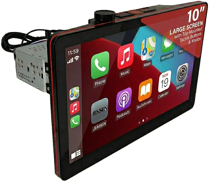 JENSEN J5UP10 10.1-inch Top Mount Tactile Control Certified Wireless Apple Carplay Android Auto Car Stereo | Single & Double DIN Touchscreen | IllumiNITE Light Ring & Buttons | Front/Rear Camera Input