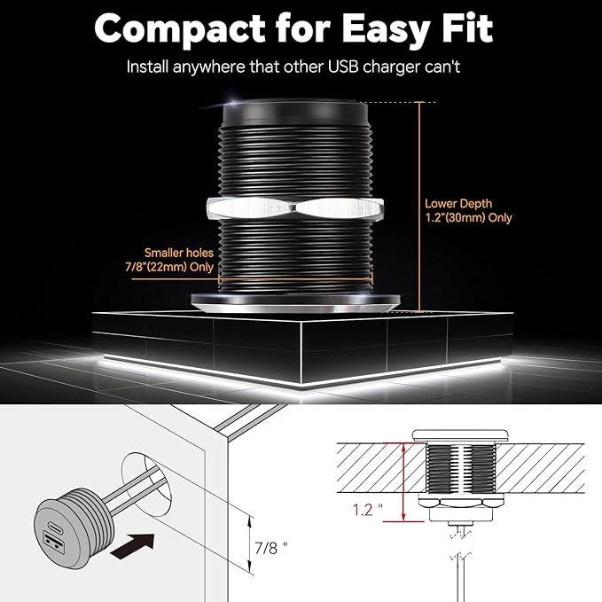 12V USB Outlet All-Aluminum QC 3.0 USB-A & USB-C PD3.0 Dual Fast Car Charger Socket, Recessed Mount Car USB Port for Car Truck Boat RV Camper Van Trailer (Small Version)