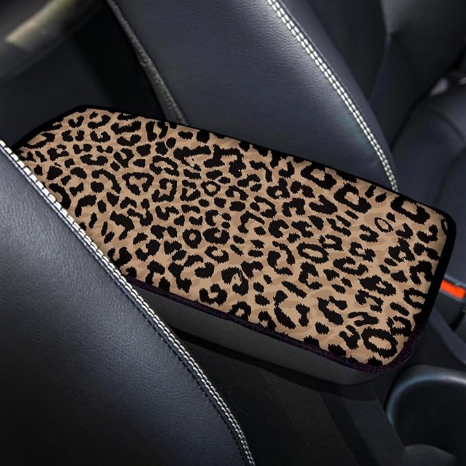 Dreaweet Brown Leopard Print Center Console Armrest Cover for Car, Wild Cheetah Print Armrest Cushion Cover Pad, Auto Car Accessories Universal Fit for Sedan, Truck, SUV Soft Car Armrest Cover