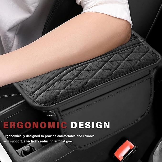 Car Center Console Cover, Leather Auto Armrest Cushion Pad with Two Storage Pockets, Waterproof Arm Rest Box Mat Protective Cover for Sedan SUV Truck, Car Accessories (Black)