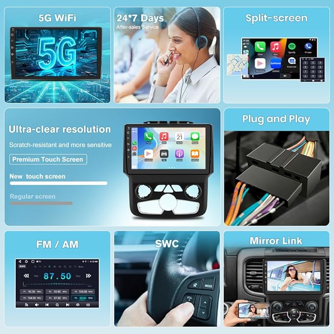 Junsun 5G WiFi Car Radio for Dodge Ram 1500 2500 3500 2013-2019,Wireless Wire CarPlay/Android Auto GPS DSP RDS,9" HD IPS Display Support Cargo Rearview BT 5.0 AM/FM Auto AC 2GB+32GB