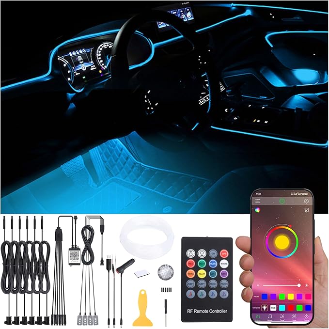 8 m Optic Fiber Car Ambient Lighting Kit Bluetooth App Control + RF Remote Control 64 Colors Multicoloured Music Interior Footwell Lighting Kit 12V 1W