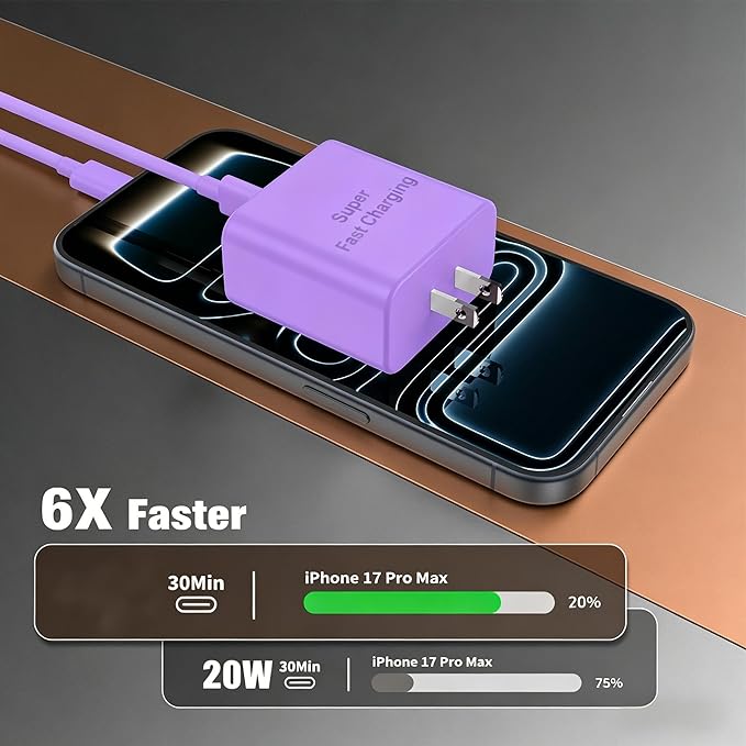 iPhone 17 16 Pro Max Charger Fast Charging, Super Fast USB C Chargers for iPhone 17(6FT+6FT+10FT) Type C Chargers Cord with Fast Charger Block for iPhone 17/16/15 series/iPad/ GalaxyS26/S25/S24 Purple