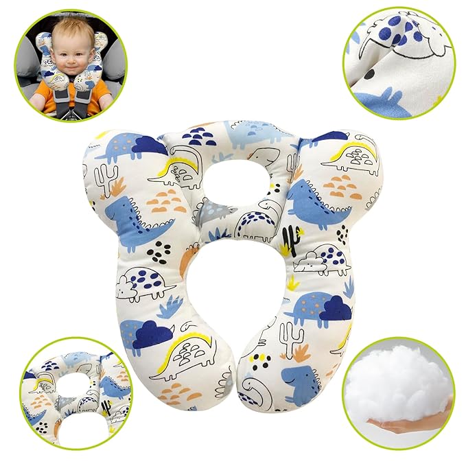 Baby Travel Pillow, Infant Kid's Cushion Soft and Skin Friendly for Car Seat, Pushchair and Stroller (Blue Dinosaur)