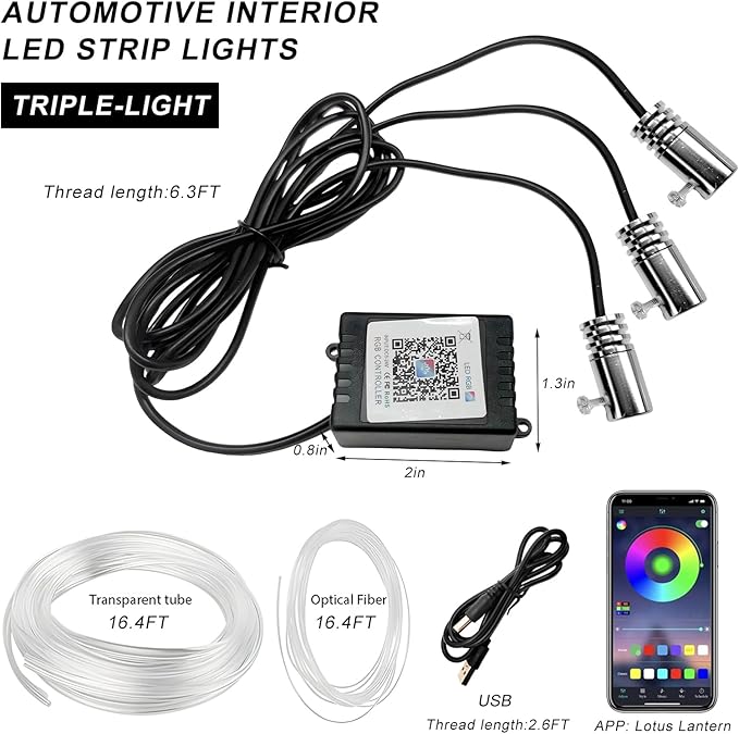 Interior Car LED Strip Lights with APP Control, 3 in 1 RGB Ambient Lighting Kit with 197 inches Fiber Optic, 16 Million Colors Neon Strip USB Music Sync Atmosphere LED for Vehicles