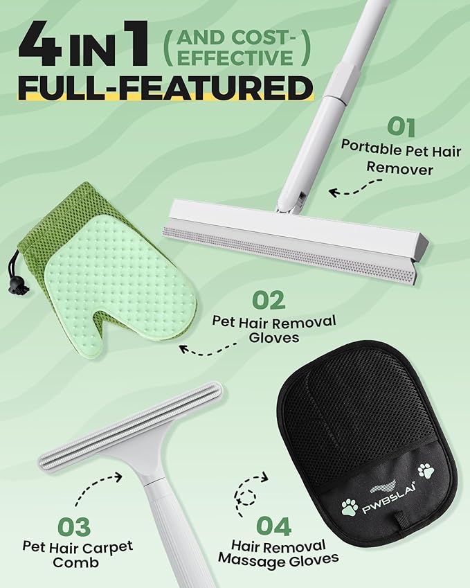 Carpet Rake for Pet Hair Removal Tool - 4 in 1 Pet Hair Remover Kit for Dog Cat Fur Remover, Contain 60" Adjustable Rubber Broom, Glove, Magic Brush and Scraper for Furniture,Short Pile Carpets, Mats