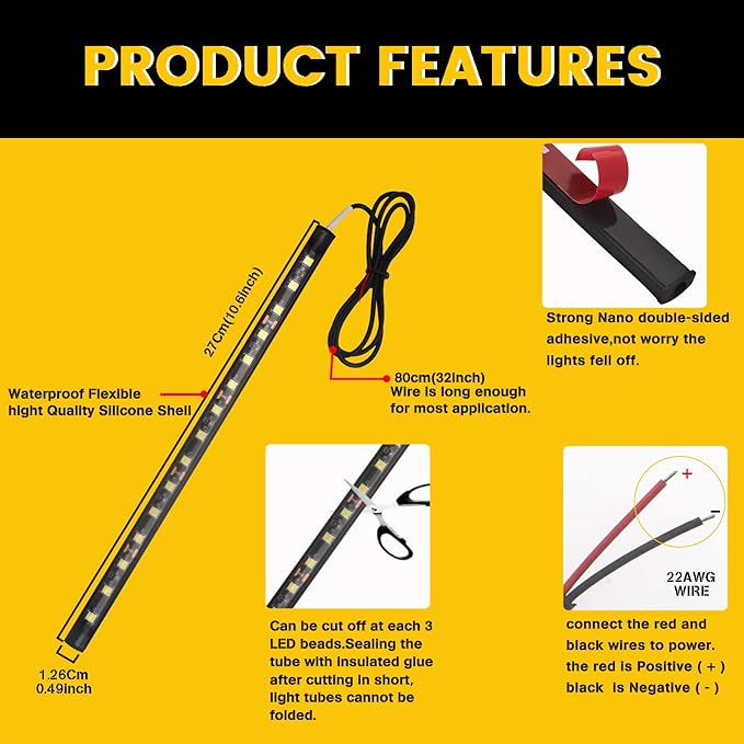 YM E-Bright Amber/Yellow Led Strip Lights for Cars 5050 SMD Waterproof Golf Cart Underglow Lights for Motorcycles Boat Scooter Bike Interior Exterior Decoration DC-12V,Pack of 4