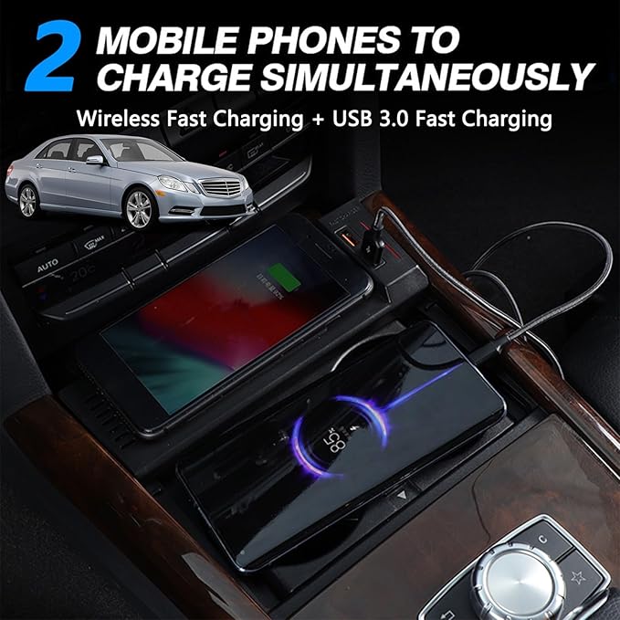Wireless Car Charger for Mercedes-Benz E Class 2010 2011 2012 2013 2014 2015, OEM Custom Fit Fast Charging Phone Charger Pad for Mercedes Benz (W212) E-Class E200 E260 E300 Accessory