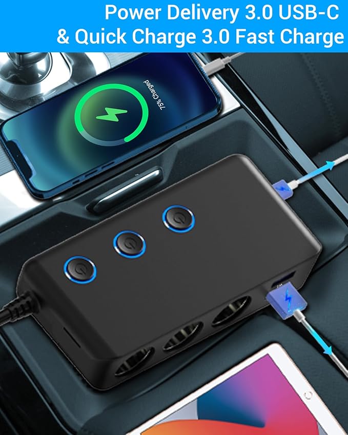 Car Charger Splitter 200W, Qidoe 3 Socket Cigarette Lighter Adapter with PD30W USB-C & QC3.0 Multi USB Car Charger DC Outlet Cigarette Splitter Power Switches Voltmeter for GPS Dash Cam Phone