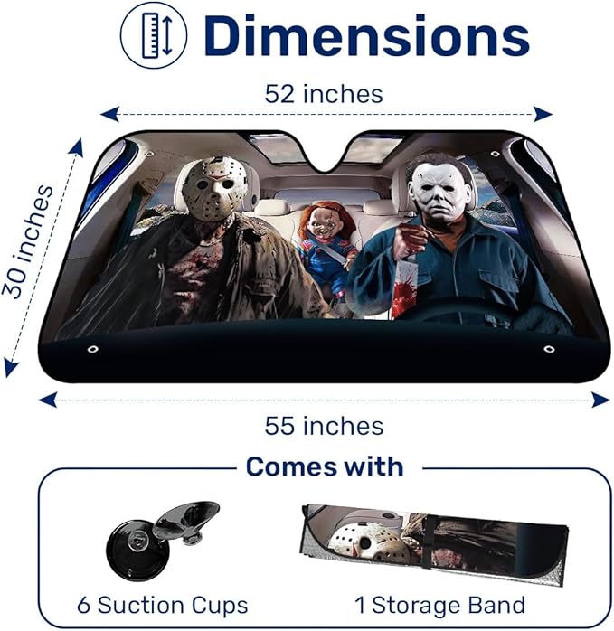 GENANY Horror Movie Character Windshield Sun Shade for Car SUV Truck (55x30 inches), Sun Shade Windshield, Shades for Windows, Protector Blocks UV, Car Decor