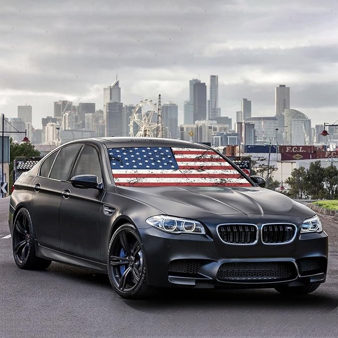 Retro American Flag Car Windshield Sun Shade Umbrella Foldable America Patriot Sunshade for Front Window Auto Windshield Sunshade Covers USA Car Accessories Protect from Sun Rays Heat 57'' X 30''