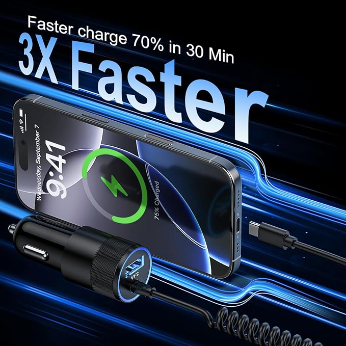 Samsung A17 Type C Fast Car Charger with 3ft USB C Coiled Cable for Galaxy S26/S25 Ultra/A16/A56/A15/A55/A35/A54/A14/A13 5G/Z Fold7/Pixel 10a/10/9 Pro/iPhone 17, 3.4A Android Car Phone Charger Adapter