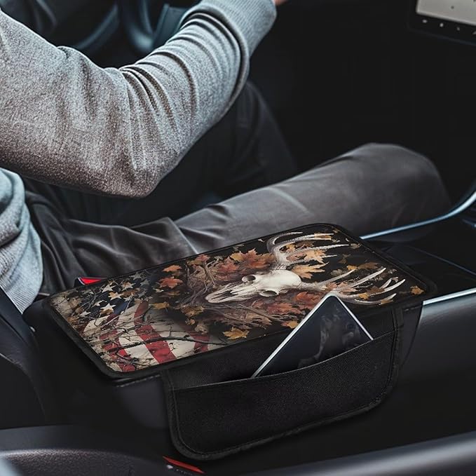 Deer US Flag Leaf Pattern Car Center Console Cover with Side Pockets Non-Slip Vehicle Armrest Cover Pad Comfortable Car Armrest Storage Box Mat Universal Fit for Cars Sedan Truck SUV