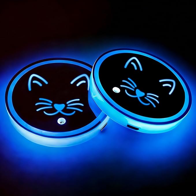Cat LED Cup Holder Lights for Car,2Pcs LED Light Up Cup Holder Coasters with USB Charging 7 Colors 3 Modes,Waterproof Interior Atmosphere Lamp,Car Decor Accessories Cat Gifts for Women Men