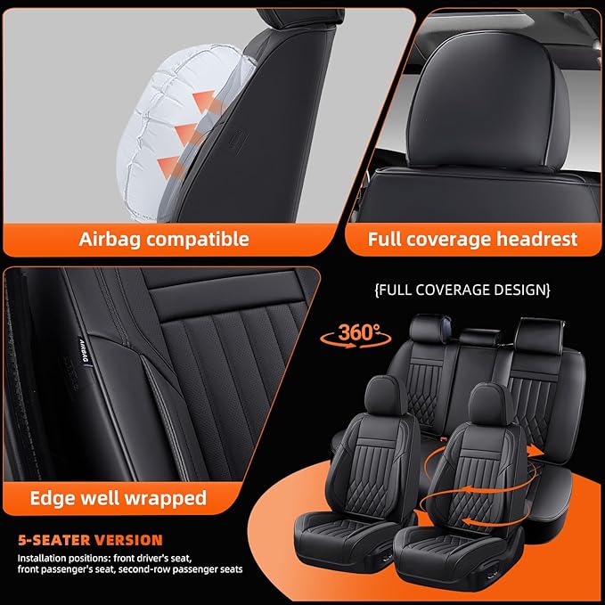 KEYOOG Car Seat Covers Leather Full Set Universal 5-Seater Waterproof Breathable Nappa, Compatible with Honda Civic, Toyota Camry Corolla, Nissan Rogue Sentra, Fit for Front Rear Seats Most Sedans SUV