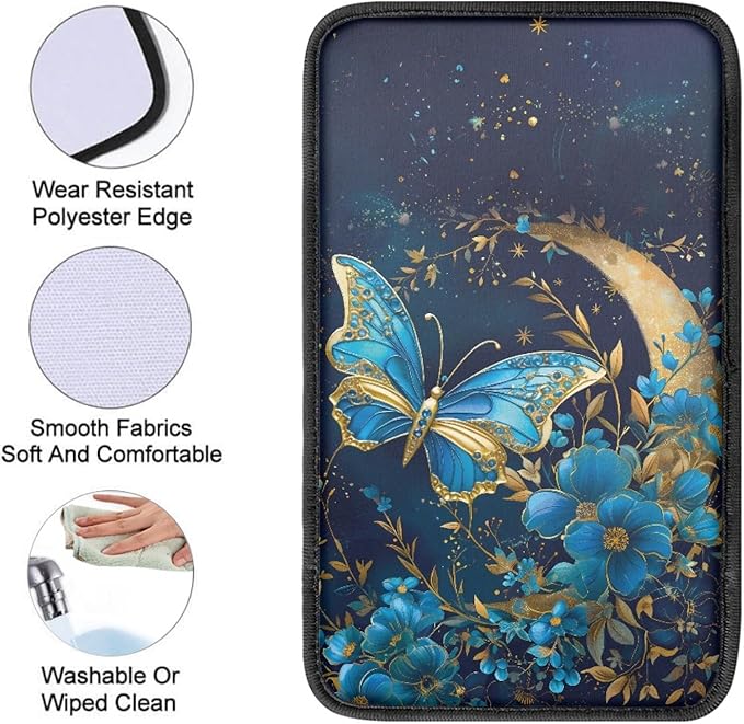 UNICEU Auto Interior Decor Armrest Cover Pad Moon Night Blue Butterfly Print Neoprene Soft Car Center Console Armrest Cushion Cover, Universal