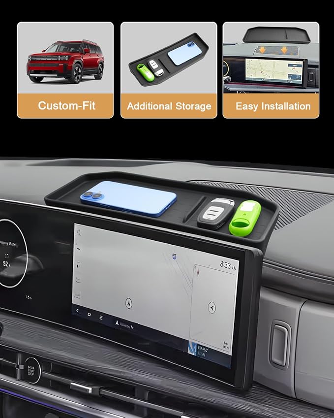 ECOZEN Behind Screen Organizer For 2024-2026 Hyundai Santa Fe/Santa Fe Hybrid - Silicone Dashboard Storage Tray For 2024-2026 Santa Fe Accessories - Center Console Organizer Tray Interior Accessory