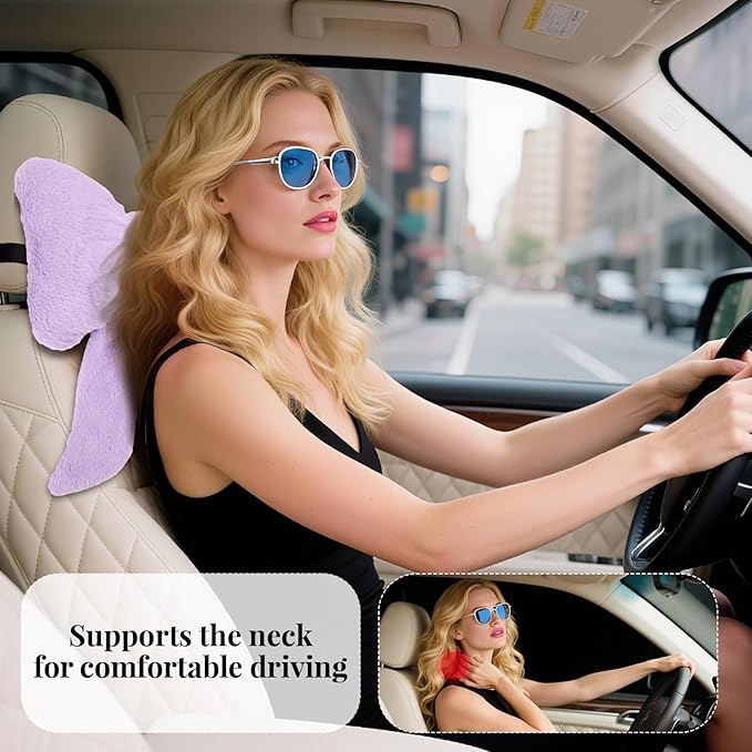 Bow Car Headrest Pillows Plush Car Neck Pillows for Travel Driving Office Chair Head Support Cushions, Also Cute Car Decor Accessories (2PCS Purple)