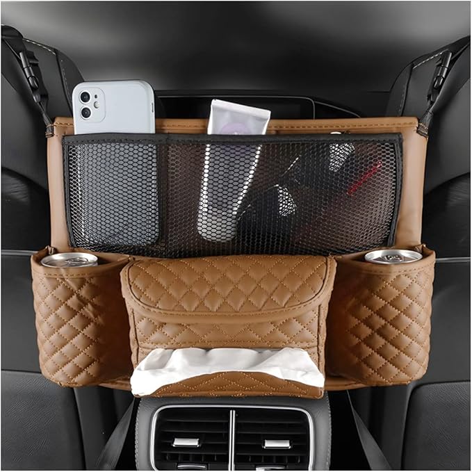 XINLIYA Car Handbag Holder Between Seats, PU Leather Multi-Pocket Large Capacity Purse Holder, Auto Net Bag Barrier of Backseat Pet Kids, Car Seat Organizers and Storage for Cargo Tissue Cup（Brown）