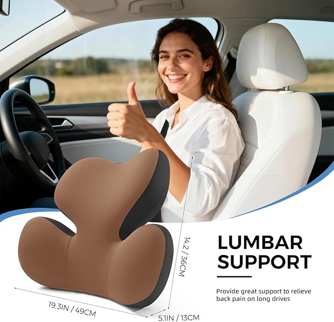 BEBAS Lumbar Support Pillow for Car, Ergonomic Memory Foam Back Cushion for Driving, Lower Back Support for Pain Relief, Lumbar Cushion for Car Seats, Office Chairs, Wheelchairs - Coffee
