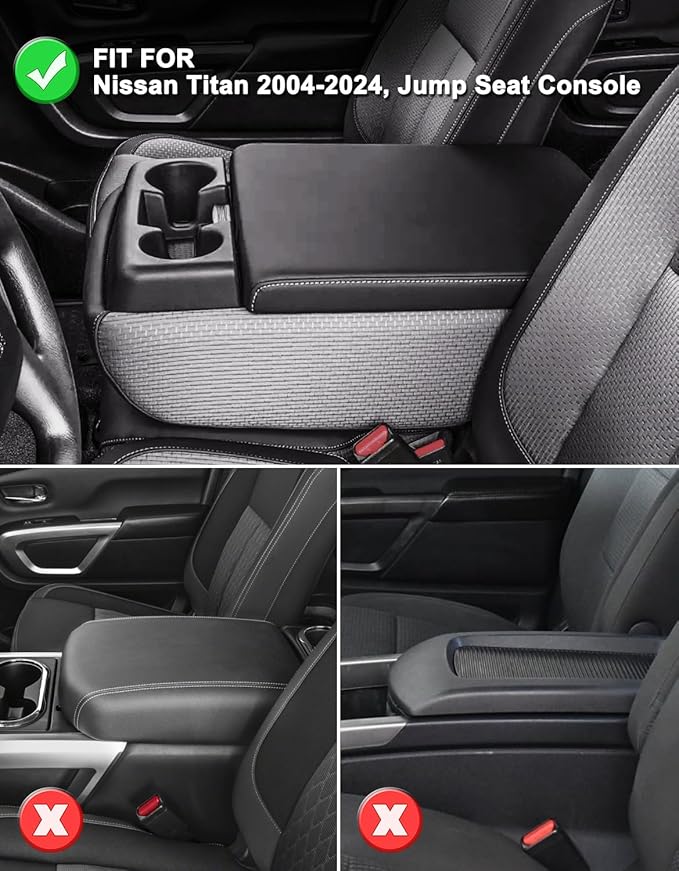 KBH Center Console Armrest Cover for Nissan Titan 2004-2024, Middle Console Lid Protector Pad Accessories, Vinyl Leather, Anti-Scratch, Black (Fits Jump Seat Console Only)