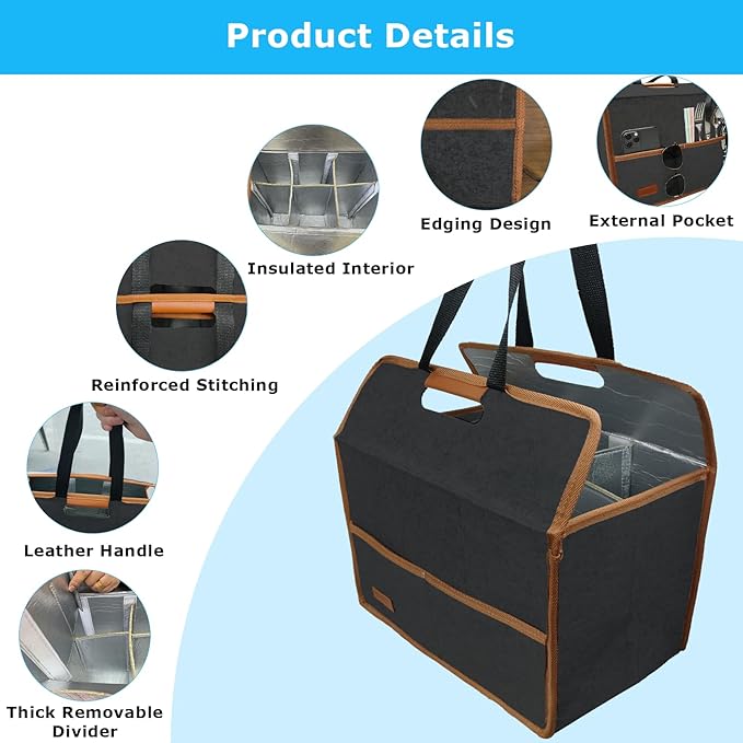 6 Cup Drink Carrier with Handle, Reusable Insulated Cooler Drink Caddy for Car Cup Holder, Foldable Coffee Carrier Bag with Adjustable Dividers, Portable for Car, Travel, Picnic Party, Food Delivery