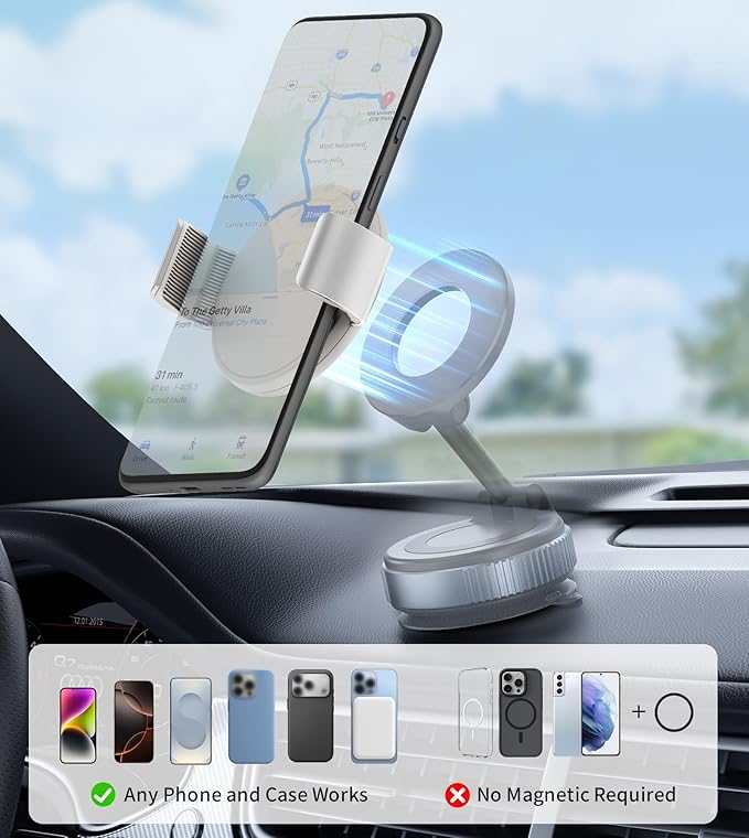 TONEOF Phone Clamp for Magnet with Metal Ring,Phone Mount Adapter for Magsafe Car Phone Holder,Quick Installation & Easy Removal Clip for All Phones/Magnetic Tripod/Magnet Mounts (Beige Gray,1 Pack)