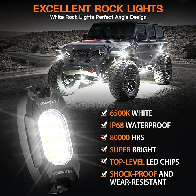 White Rock Lights,LEDMIRCY R6 LED Pure White Rock Lights 16PCS with Rocker Switch Wire Harness Kit Super Brigh Luces para Carro for Trucks UTV Off Road Boat ATV High Power Light Waterproof Shockproof