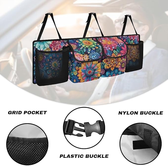 Hippie Boho Floral Blossoms Car Trunk Organizer Hanging Cargo Storage Bag for Grocery Cargo Organizer with 4 Compartments