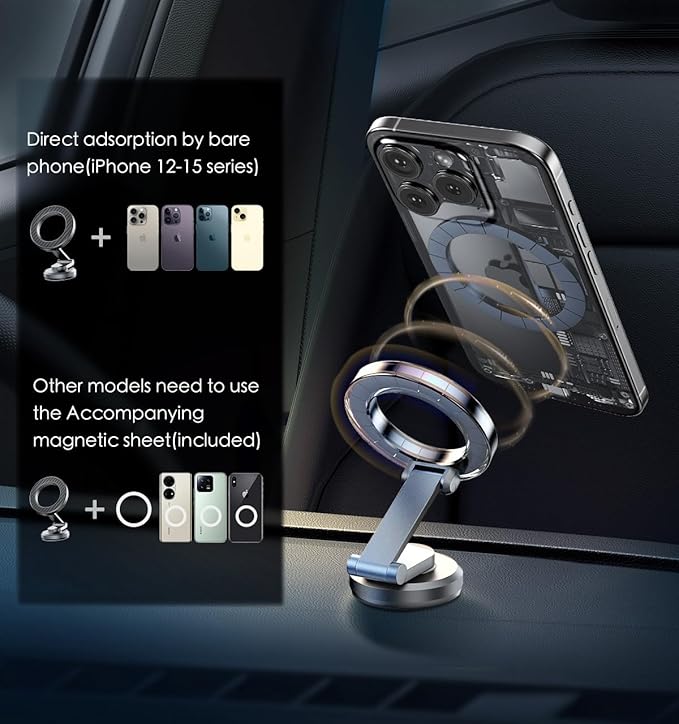 JUHOO Upgrade Phone Holder for car Magnetic rotatable and Retractable car Phone Holder Mount Dashboard Mount Fit for iPhone 15 14 13 12 Pro Max Plus Mini & All Smartphone