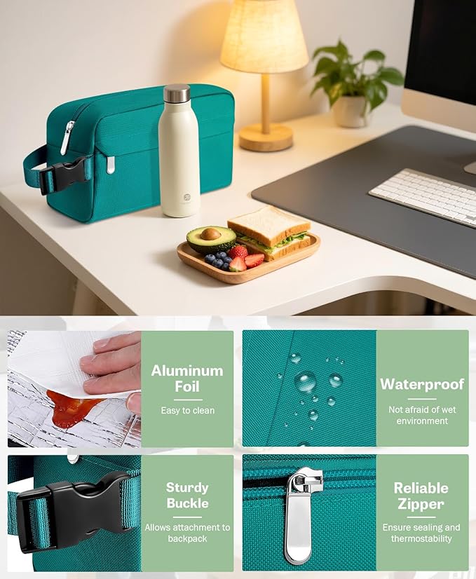 Small Insulated Snack Bag Lunch Bag for Kids Lunch Box for Women/Men, Collapsible [3L/5-Can] Reusable Lunch Bag Cooler Bag for Bottle with Handle Buckle for Work/School/Travel,Peacock Green