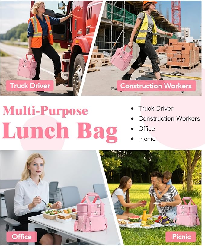 Insulated Lunch Bag for Women, Double Leakproof Lunch Box Soft Cooler Tote with 5 Pockets, 600D Oxford, EVA Lining, Adjustable Strap for Work, Picnic, Beach&Travel-Pink