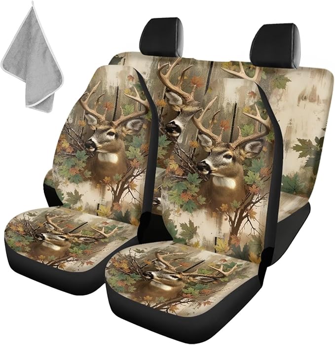 KEIAHUAN Deer Camo Hunting Car Seat Covers for Front and Rear Full Set 4 Piece Universal Front Bucket Seat Cover & Rear Bench Seat Protector Stretchy Breathable for Vans, Trucks, SUVs