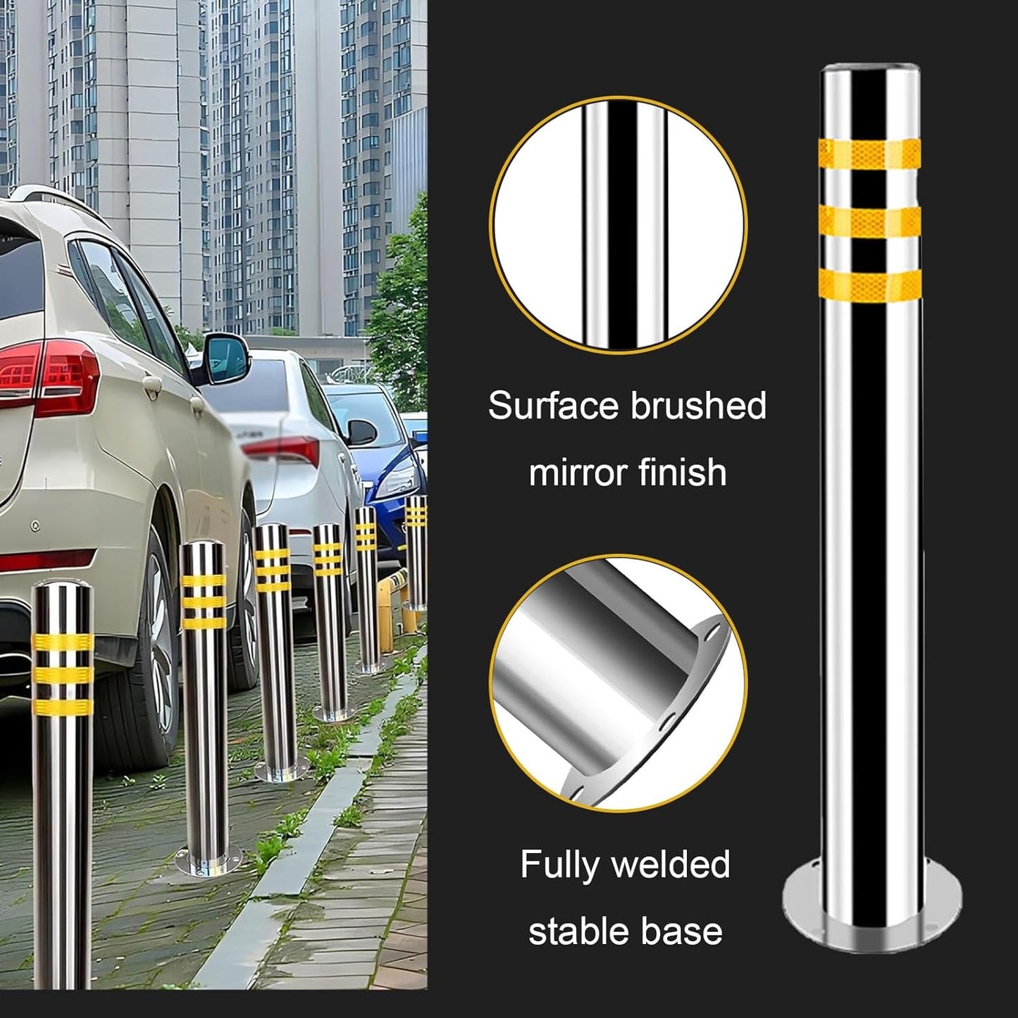 Stainless Steel Parking Bollards for Driveway, Industrial Safety Bollards Reflective Channelizer Post, Parking Barrier, Sturdy and Durable, Easy to Install, for Crowd Control(Silver (1pcs),7.6*100cm/3