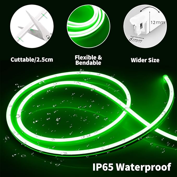 iNextStation 16.4FT/5M Green LED Strip Lights, DC12V Silicone Neon Light Strip, IP65 Waterproof Led Rope Lights Dimmer for Cuttable DIY, LED Light Strip for Bedroom, Indoor, Outdoor(with Plug)