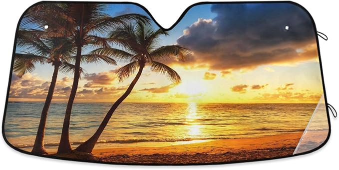 Palm Tree Car Windshield Sun Shade Tropical Sunset Beach Ocean Foldable UV Ray Sun Visor Protector Sunshade to Keep Your Vehicle Cool (55" x 27.6")