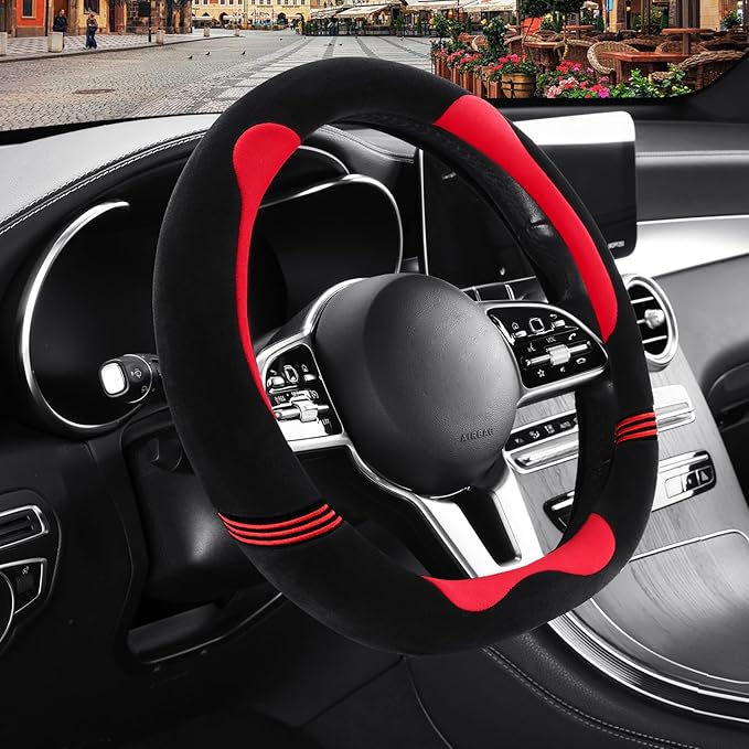 Furry Cute D Shaped Steering Wheel Cover, Soft Fluffy Short Plush Auto Accessories, Non-Slip Cold-Proof Sweat-Proof Colorfast, Universal 15 inch(Black with Red)