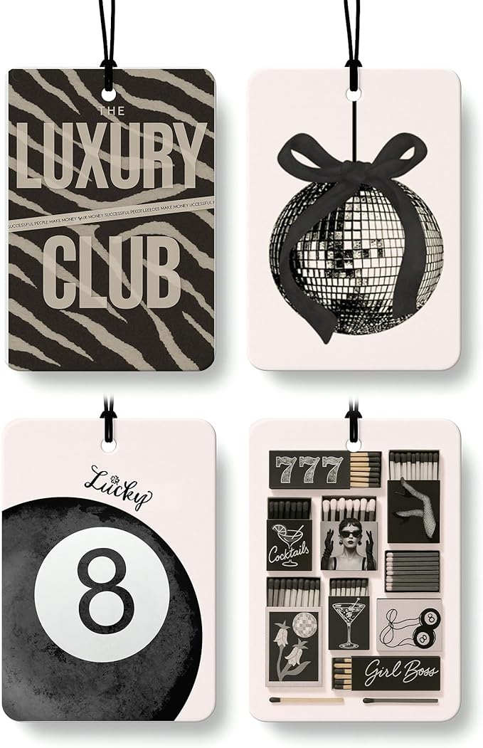 Vintage Black Coquette Cologne Car Air Freshener 4 Pcs, Trendy Preppy Disco Ball Lucky 8 Ball Hanging Air Freshener for Cars Bathroom Dorm Books Decor, Retro Accessories Gifts for Women Girls
