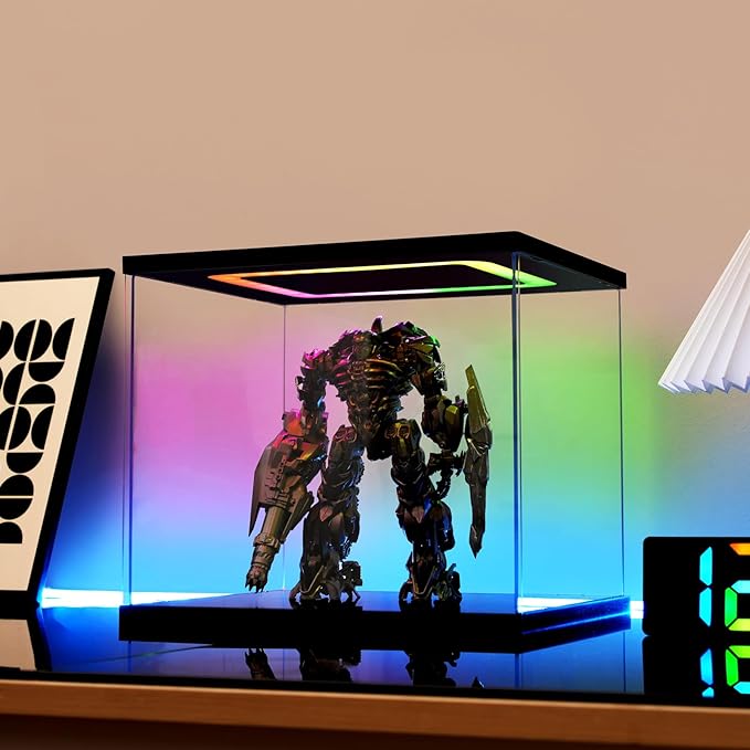 Clear Acrylic Display Case with Light for Miniature House Building Sets, Multiple Color Lights Dustproof Protection Display Box for Collectibles Action Figures（11.4×9.4×9.8inch）