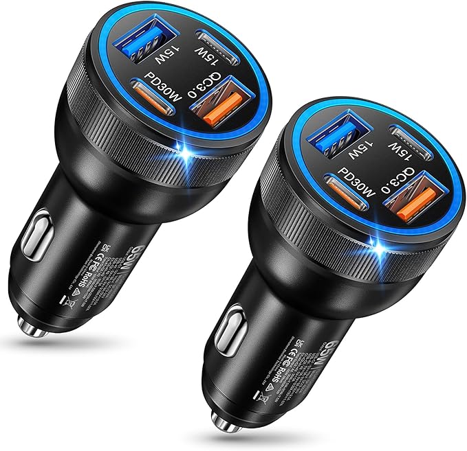 USB C Car Charger, 2 Pack 4-Port 65W Dual USB C & USB-A Cigarette Lighter USB Charger Multiport Type C Car Charger Adapter Phone Plug Cargador Carro Fast Charging for iPhone 17 16 15, iPad, Galaxy