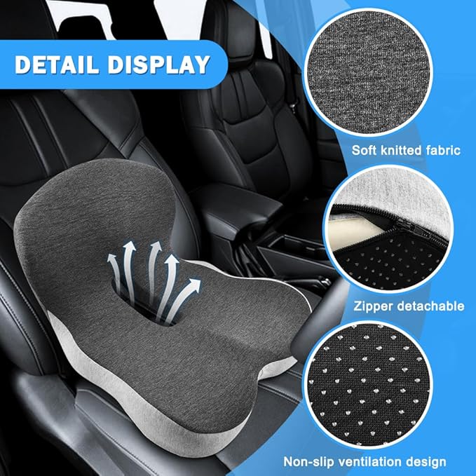 Memory Foam Seat Cushions for Office Chair, L-Shaped Integrated Seat Cushion with Back Support, Seat-Cushion for Tailbone Protection fo-r Long Sitting & Driving(Color:Grey)