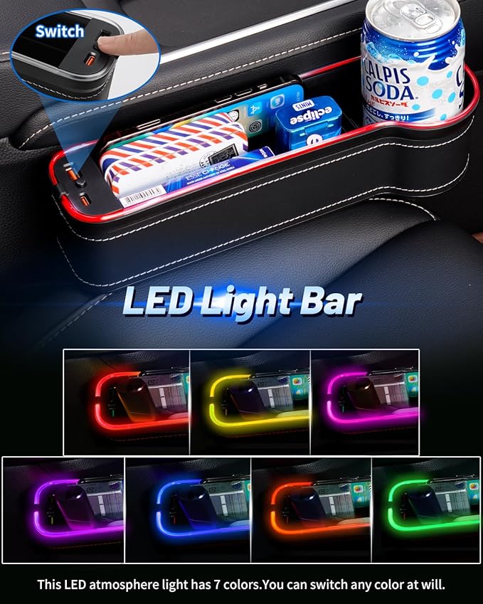 Shademax LED Car Seat Gap Filler Organizer Console Side Storage Box Between Seats with Cup Holders RGB Color Changing Storage Front Seat Gap Filler with USB Charging Car Interior Accessories (2 Pack)