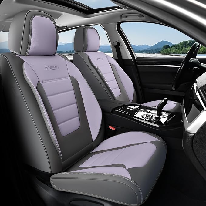 Coverado Car Seat Covers Full Set, Nappa Leather Seat Covers for Cars, Car Seat Protector Car Seat Cushion, Front and Back Seat Protectors Cushions Universal Fit for Most Cars Vehicles(Gray&Purple)