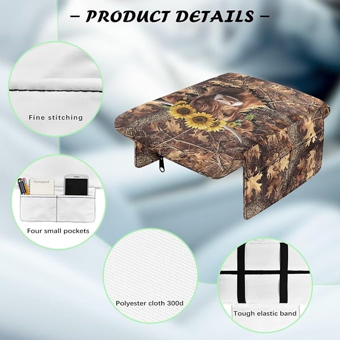 Tupalatus Highland Cow Car Armrest Cover with Pockets Universal Center Console Pad Anti-Slip Sunflower Armrest Cushion Cover Pad Easy Installation Universal Fit Most Cars,SUV,Truck,Van