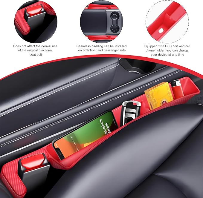 KVAEY 2PCS Car Seat Gap Filler, Automotive Seat Organizer Fill The Gap Between Seat and Console, Universal Car Gap Seat Storage for Phone Wallets and Keys, Car Accessories (Red)